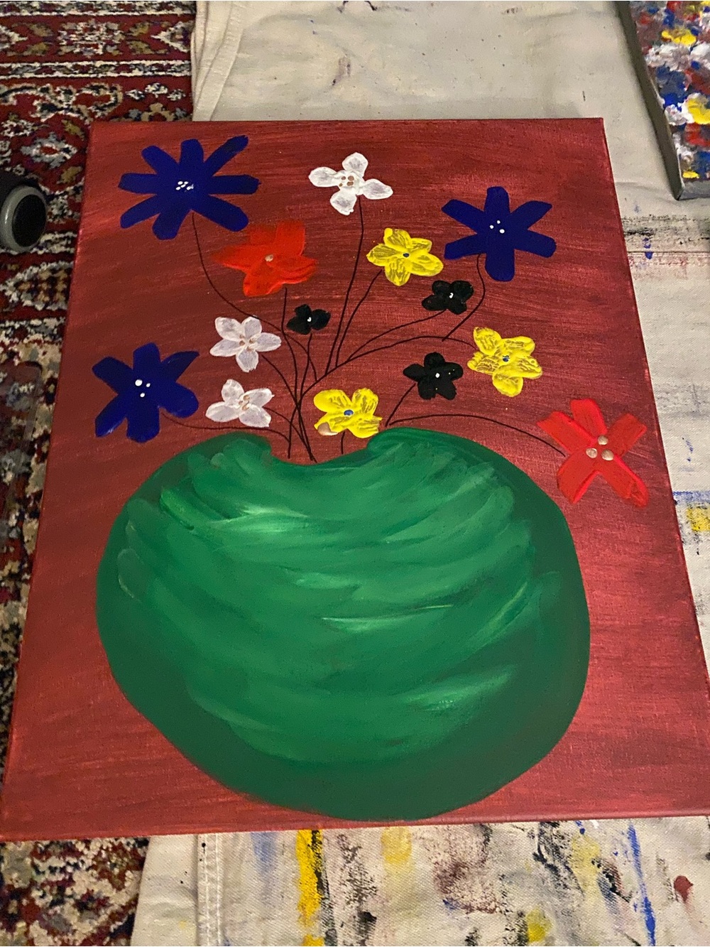 Hand-Painted Green Vase Floral Canvas - Colorful Flower Art